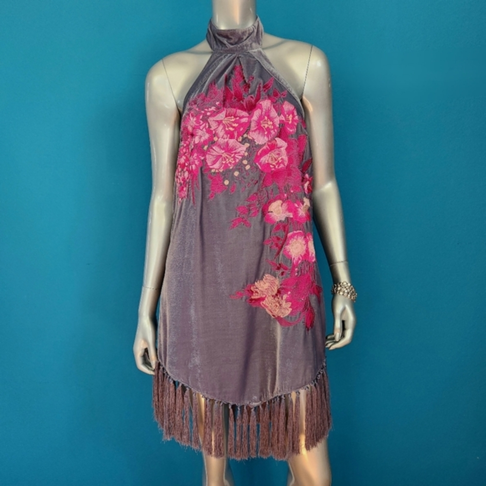 🆕💐 ASOS EDITION Floral Embroidered Velvet Halter Mini Dress w/ Fringe // (NWT)